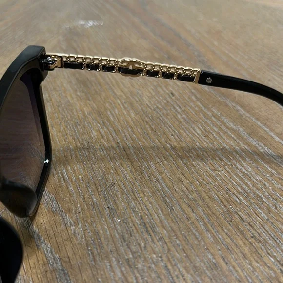 Chanel Black & Gold with black leather band on arms Square Sunglasses - Picture 4 of 6